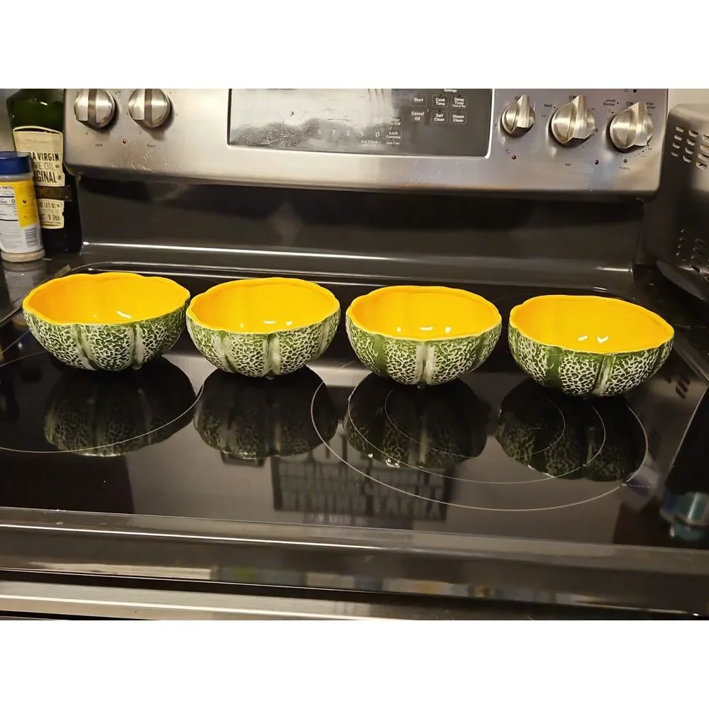 Set Of 4 Vintage Majolica Knobler Style Ceramic Cantaloupe Bowls EUC